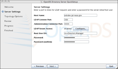 OpenDS QuickSetup Server Settings Screen