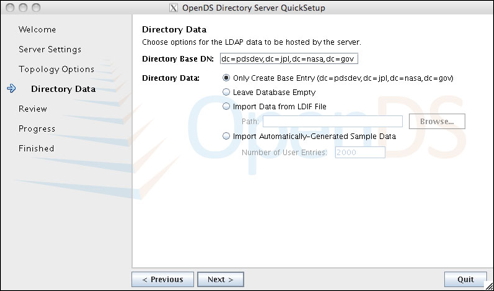 OpenDS QuickSetup Data Options Screen