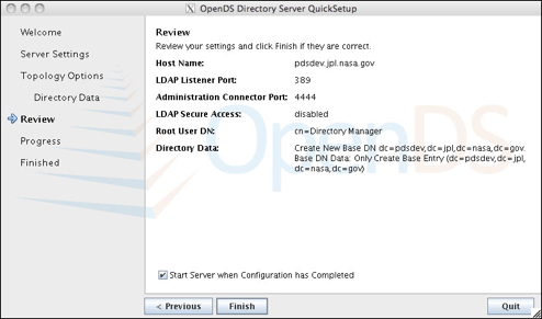 OpenDS QuickSetup Review Screen