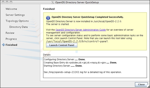 OpenDS QuickSetup Progress Screen when Done